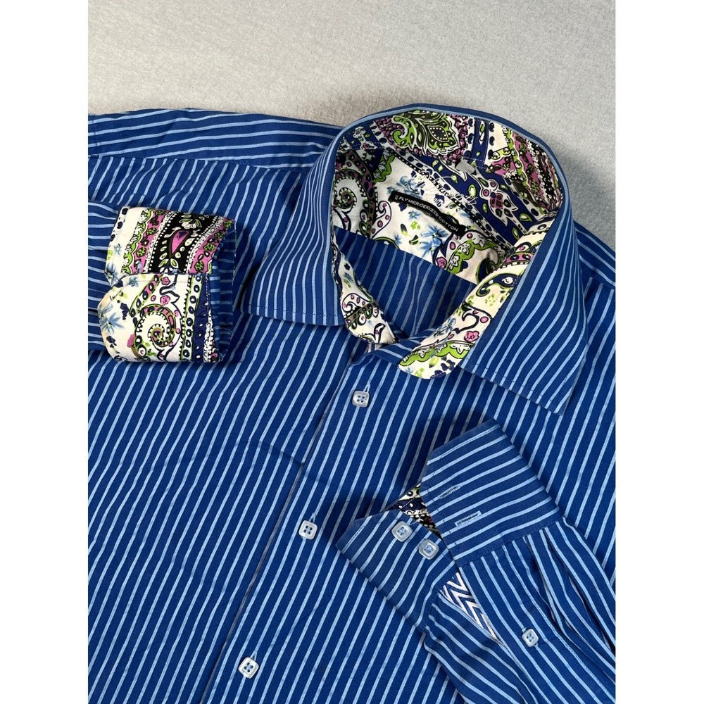 Viscanti Umo Button Up XL Blue Stripe Paisley Collar Flip Cuffs 2 Ply Mercerized